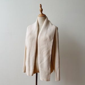 EILEEN FISHER Merino Wool Ribbed Knit Shawl Collar Open Front Ivory Cardigan L